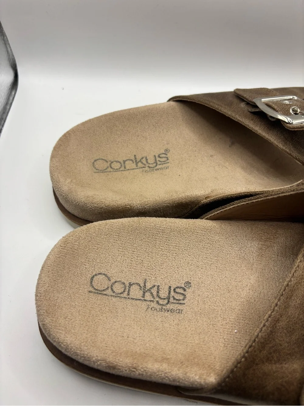Corkys Taupe Suede Double-Buckle Slide Sandals